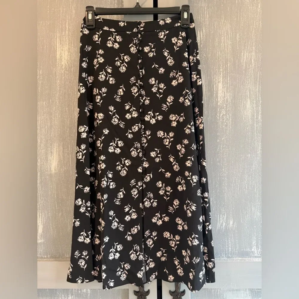 Kate Spade New York Black White Floral Button Midi Skirt High Rise Size 0